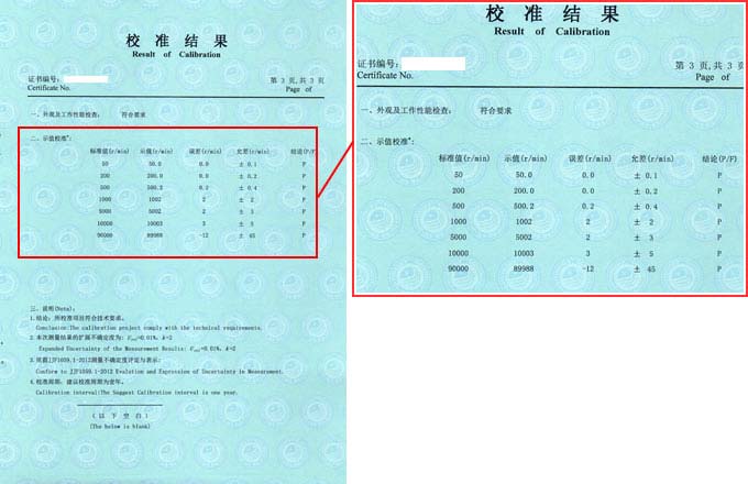 數(shù)字轉(zhuǎn)速表校準證書結(jié)果頁圖片